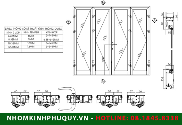 Bản vẽ cad cửa nhôm kính cửa đi mở quay 4 cánh nhôm Xingfa.