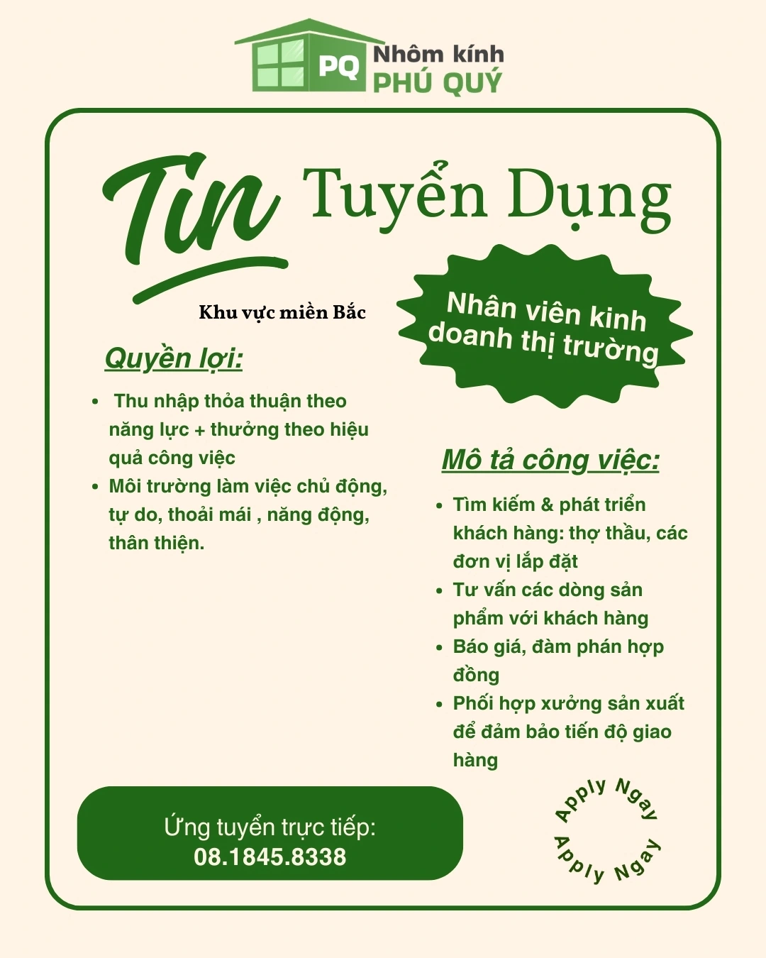 Tuyển Dụng Nhân Viên Kinh Doanh Thị Trường Ngành Nhôm Kính 1